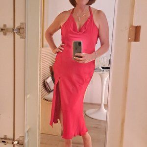Red Satin Halter Cowl Dress Tea-Length Dress